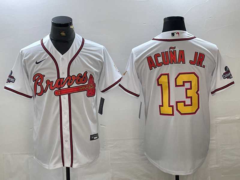 Men's Atlanta Braves #13 Ronald Acuna Jr White Gold 2021 World Series Champions Stitched Cool Base Jersey,We sell and wholesale Men's Atlanta Braves #13 Ronald Acuna Jr White Gold 2021 World Series Champions Stitched Cool Base Jersey on line form chian!